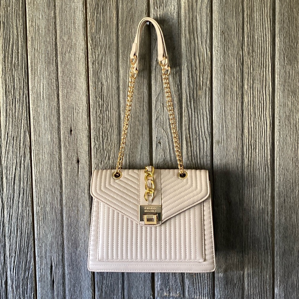 BADGLEY MISCHKA Taupe Leather Shoulder Bag Satchel Gold Chain Handbag